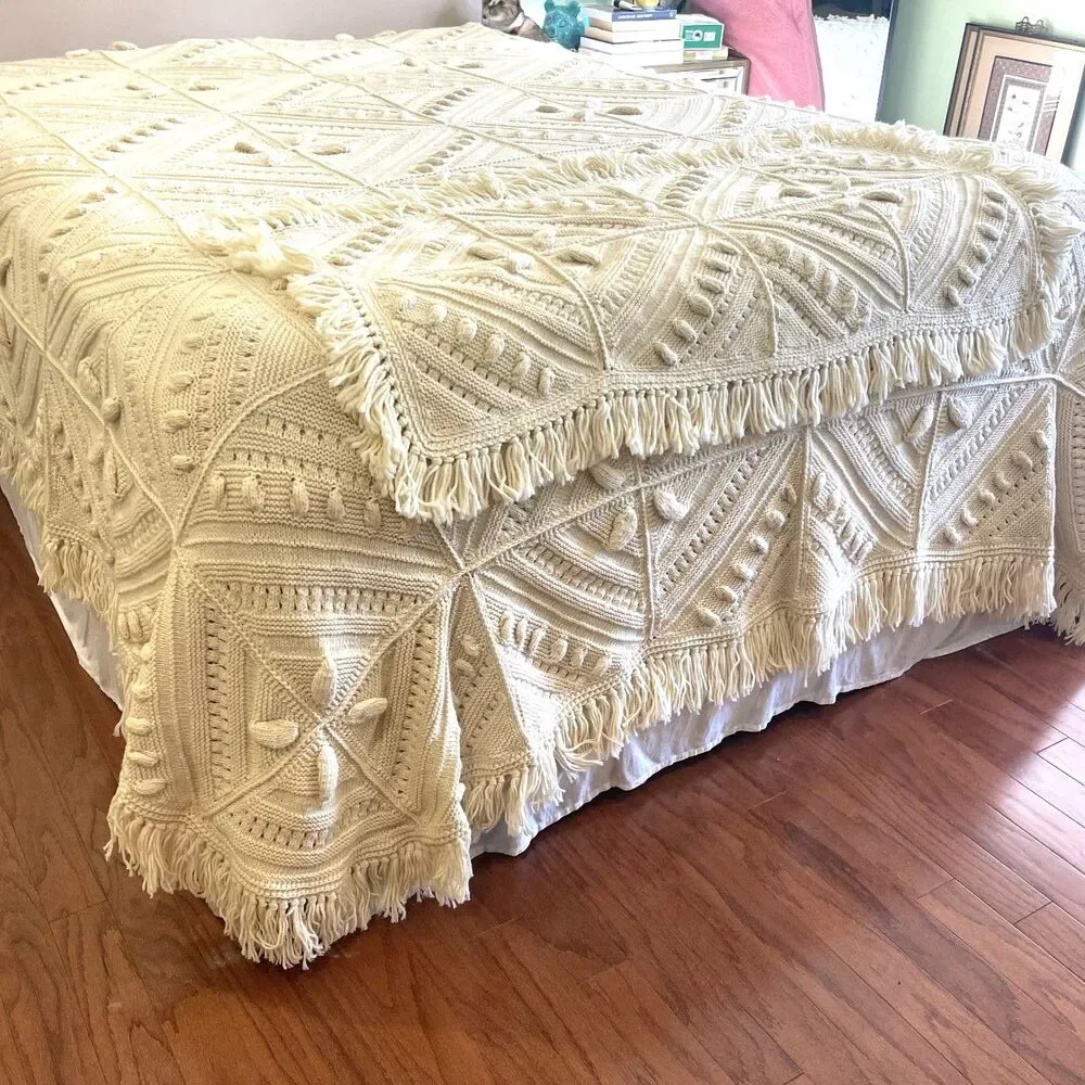 Vintage 1970s Hand Knit Queen Bedspread Blanket Set Ivory Boho Cottage Grandma